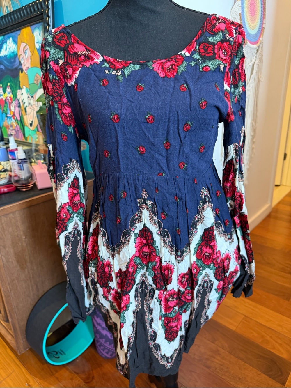 Free People Navy Blue Floral Long Sleeve Boho Dress